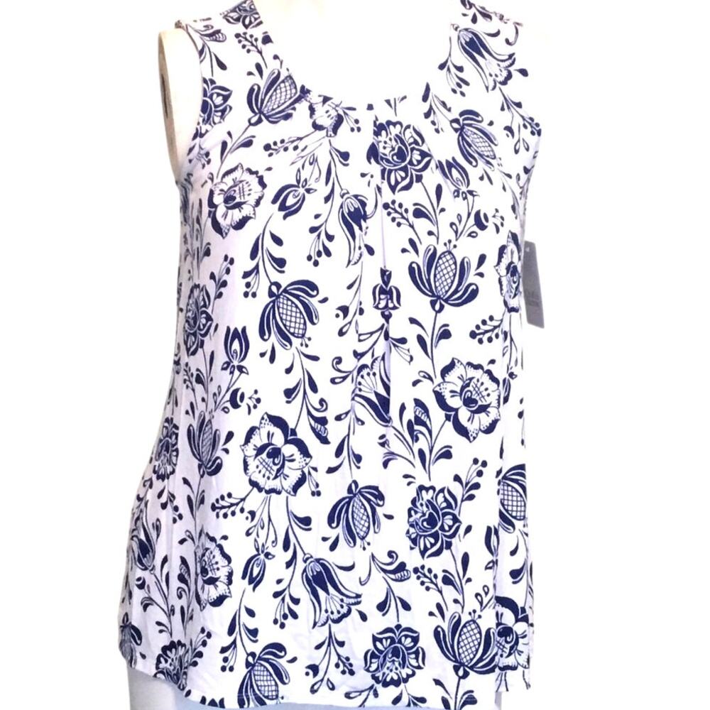 Croft & Barrow Sleeveless Top Flare White Blue Floral XS NWT